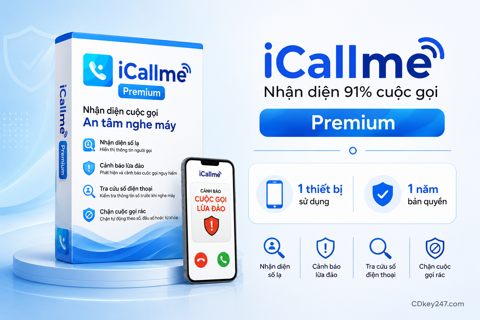 Giao diện nhận diện người gọi và cảnh báo lừa đảo trên iCallme Premium 1 năm 1 thiết bị