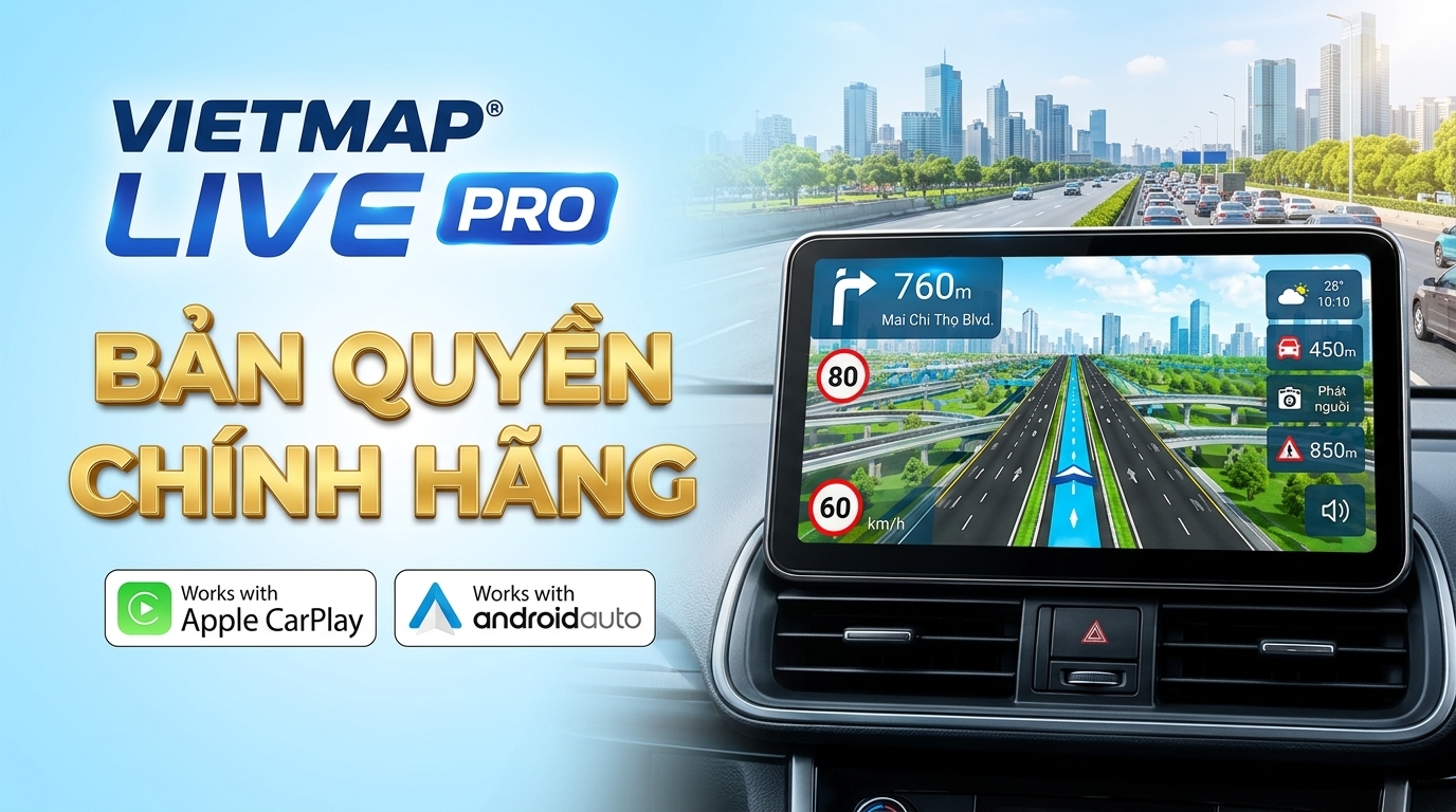 Bản quyền Vietmap Live Pro 1 Năm hiển thị Apple CarPlay và Android Auto màn hình ô tô